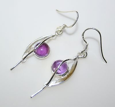 HANDCRAFTED ART DECO STYLE STERLING SILVER AND CABOCHON AMETHYST DROP EARRINGS