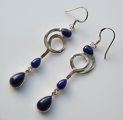 HANDCRAFTED ART DECO STYLE STERLING SILVER AND CABOCHON LAPIS DROP EARRINGS