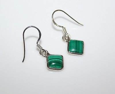 HANDCRAFTED STERLING SILVER 7MM MALACHITE GEMSTONE SMALL DROP EARRINGS