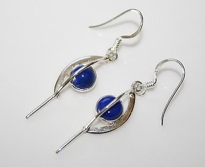 HANDCRAFTED ART DECO STYLE STERLING SILVER AND CABOCHON LAPIZ DROP EARRINGS