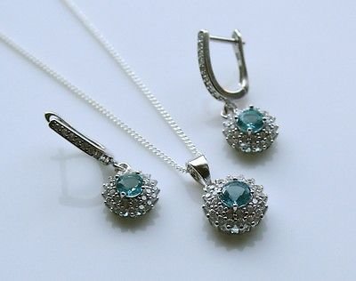 STERLING SILVER 1CT FACETED ROUND CUT BLUE TOPAZ CZ EARRING & PENDANT SET