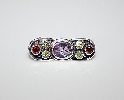 HANDCRAFTED STERLING SILVER AMETHYST, GARNET, & PERIDOT SMALL BROOCH