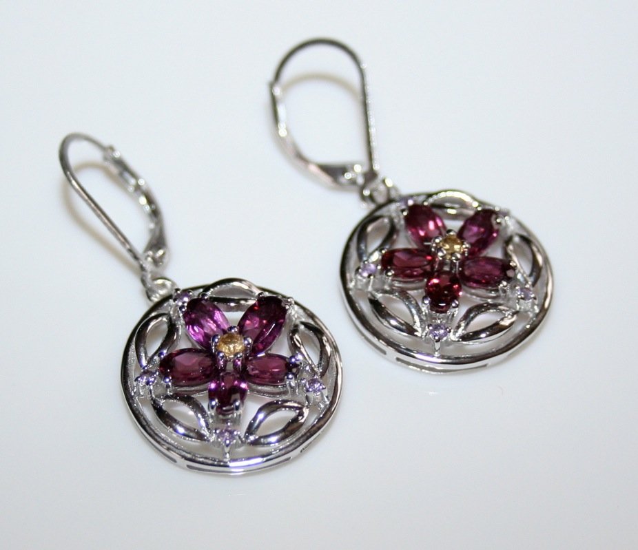 STERLING SILVER RHODOLITE, AMETHYST AND CITRINE GEMSTONE DROP EARRINGS