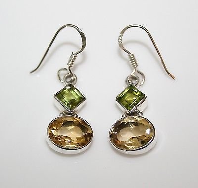 HANDCRAFTED STERLING SILVER Â FACETED PERIDOT & CITRINE GEMSTONE DROP EARRINGS