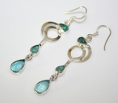 HANDCRAFTED ART DECO STYLE STERLING SILVER AND CABACHON APATITE DROP EARRINGS
