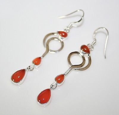 HANDCRAFTED ART DECO STYLE STERLING SILVER AND CABOCHON CARNELIAN DROP EARRINGS