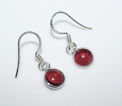 HANDCRAFTED STERLING SILVER 7MM GARNET SMALL ROUND DROP EARRINGS