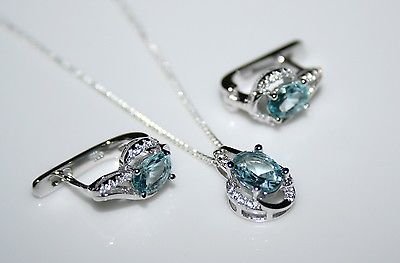 STERLING SILVER 2.75CT FACETED OVAL CUT BLUE TOPAZ CZ EARRING & PENDANT SET