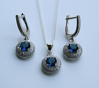 STERLING SILVER 1.50CT FACETED ROUND CUT SAPPHIRE CZ EARRING & PENDANT SET