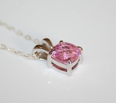 PRETTY STERLING SILVER 8MM FACETED PINK SAPPHIRE CZ Â PENDANT & CHAIN