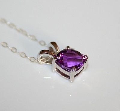PRETTY STERLING SILVER 8MM FACETED AMETHYST CZ PENDANT & CHAIN