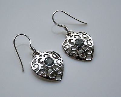 HANDCRAFTED STERLING SILVER FACETED BLUE TOPAZ GEMSTONE FILIGREE DROP EARRINGS