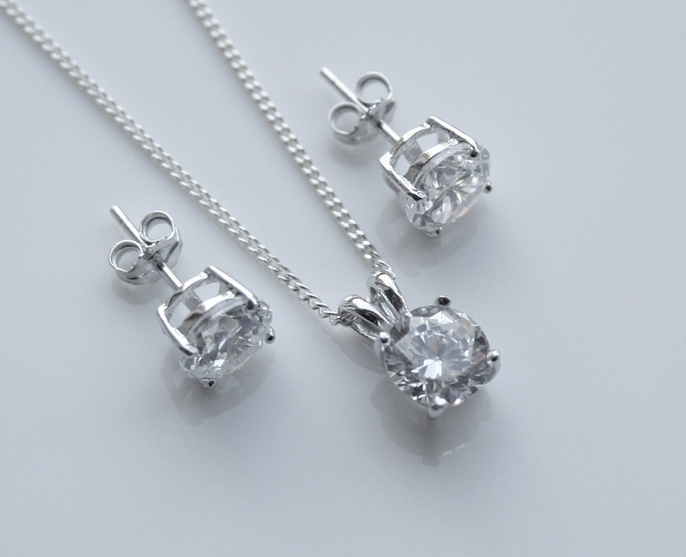 STERLING SILVER 7MM 3.75CT ROUND CUT CZ EARRING AND PENDANT SET + CHAINÂ