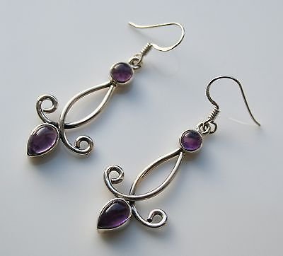 HANDCRAFTED STERLING SILVER AND CABOCHON AMETHYST DROP GEMSTONE EARRINGS