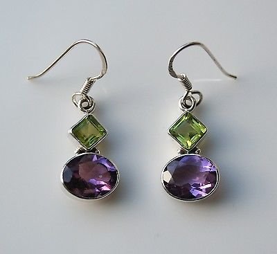 HANDCRAFTED STERLING SILVER Â FACETED PERIDOT & AMETHYST GEMSTONE DROP EARRINGS