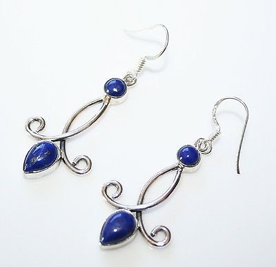HANDCRAFTED STERLING SILVER AND CABOCHON LAPIZ DROP GEMSTONE EARRINGS