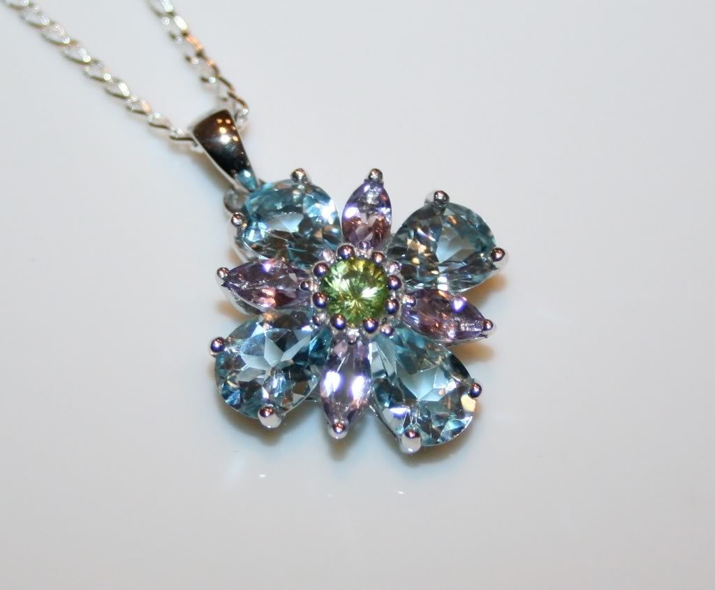 STERLING SILVER FACETED BLUE TOPAZ, AMETHYST & PERIDOT GEMSTONE PENDANT & CHAIN