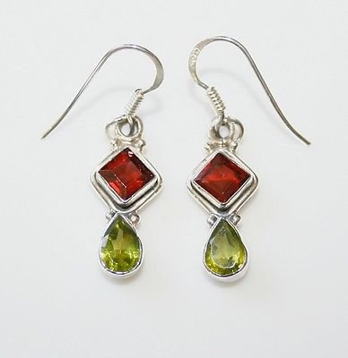 HANDCRAFTED STERLING SILVER FACETED GARNET & PERIDOT GEMSTONE DROP EARRINGS