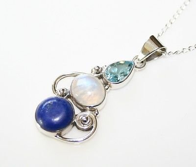 HANDCRAFTED STERLING SILVER LAPIZ, MOONSTONE & BLUE TOPAZ PENDANT & CHAIN