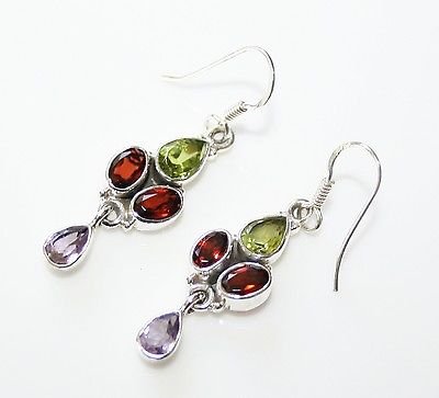 HANDCRAFTED STERLING SILVER GARNET, PERIDOT & AMETHYST GEMSTONE DROP EARRINGS