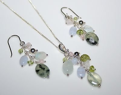 PRETTY STERLING SILVER MIXED GEMSTONE DROP EARRINGS, PENDANT AND CHAIN Â