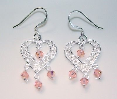 PRETTY STERLING SILVER AUSTRIAN CRYSTAL FILIGREE HEART EARRINGS