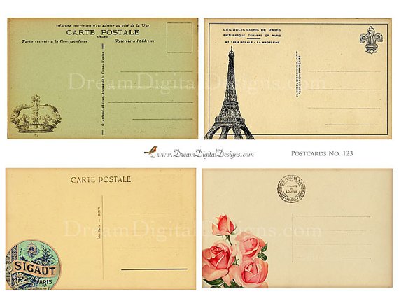 Vintage French Postcard backs - Paris Digital Collage Sheet, French Ephemera