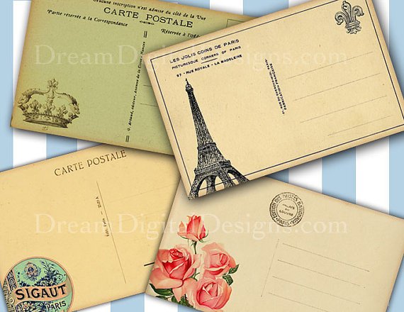 Paris Postcard backs Printable Collage Sheet Tags Scrapbooking Vintage French