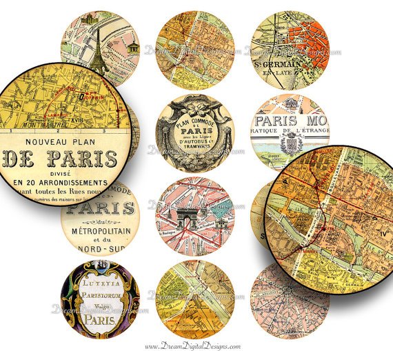 Paris Map 2 inch Circles , Digital Collage Sheet, Vintage French Ephemera
