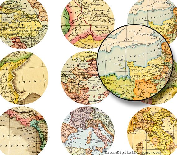 Printable Map, 2 inch Circles, Digital Collage Sheet, Digital Circle