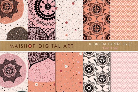 Digital Paper-Pad Thai-Org, Pink, Cream , Black Flowers, Polka Dots, Fish Scales