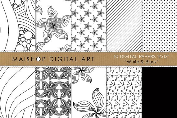 Digital Paper-Wh & Black-papers AbstractFlowersStripesDotsBackgroundsCardsPrinting
