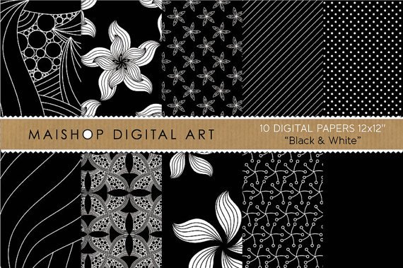 Digital Paper-Blk & Wh papers Abstract,Flowers,Stripes,Dots,for Scrapbook