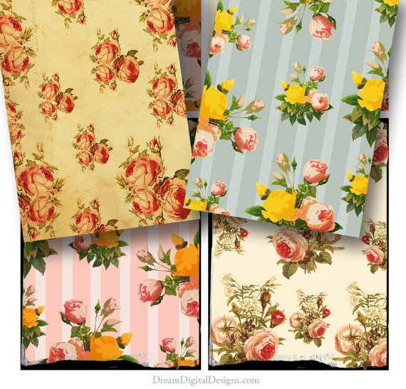 Floral Vintage Wallpaper, Tags, Digital Collage Sheet, Printable Gift Tags