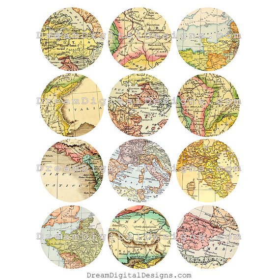 Digital Maps, 2.5 inch Circles, Collage Sheet, Digital Round Printable Img.