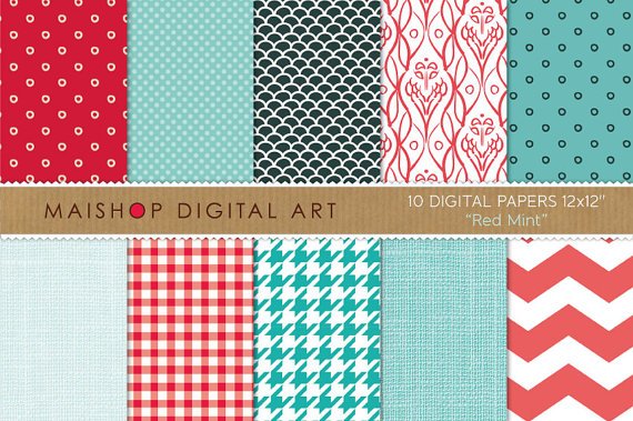 Digital Paper-Red Mint-LinenFish ScalesHoundstoothChevronPolka DotsDigital for Cards
