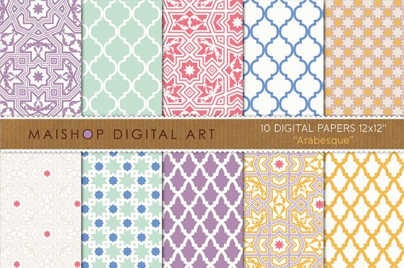 Digital Paper-Arabesque-LilacMintRedBlueYellowMoroccan Tiles Mosaics PatternsCard Making
