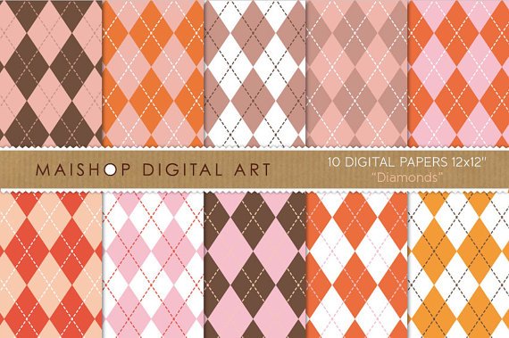 Digital Paper-Diamonds-Brw,Pink,Red,Org,Argyle Style Pattern print Digital for Cards