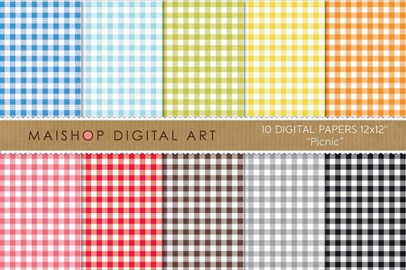 Gingham Digital Paper-Picnic-BluGrnYW,OrgPinkRed,BrwGray Black Vichy Squares print Sheets