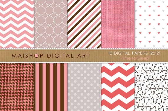 Digital Paper-Time to Sleep-PinkGrayChocolateBrwPolka DotsChevronStripesLinenHeartsHoundstooth