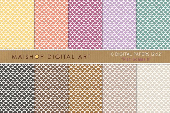 Digital Paper-Fish Scales II-YW,Org,Purp,Lilac,Grn,Blk,Brw ,Beige Backgroundsing