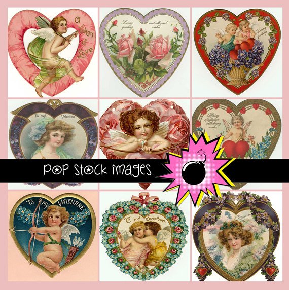 Vintage Valentine Img.-100 Heart Shaped Valentines-& Print Valentines-Digital Valentine Heart Img.