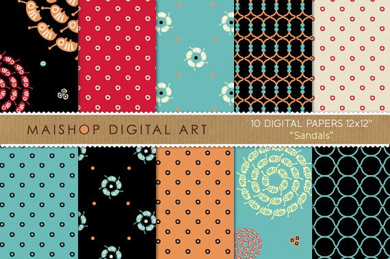 Digital Paper-Sals-BlackRedBlueOrgBeigeYellow Digital Scrapbooking PapersCommercial Use
