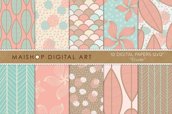Digital Paper-Blue Turquoise,BrwPink FlowersLeavesPolka DotsFish ScalesDigital Scrapbook Paper