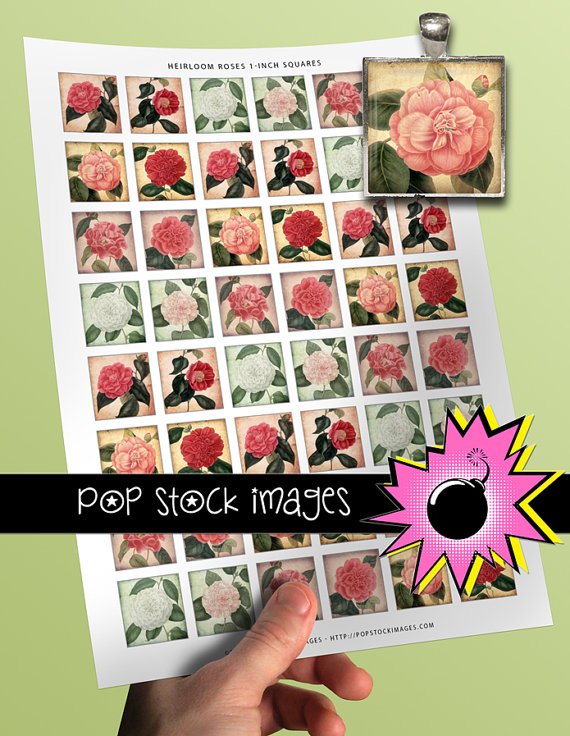 1 Inch Squares HEIRLOOM ROSES Collage Sheet-print for PendantsMagnets