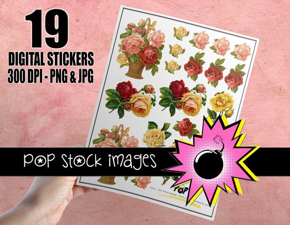 Victorian Rose Basket Digital print Sticker Sheet-19 Digital print Rose Stickers-Print