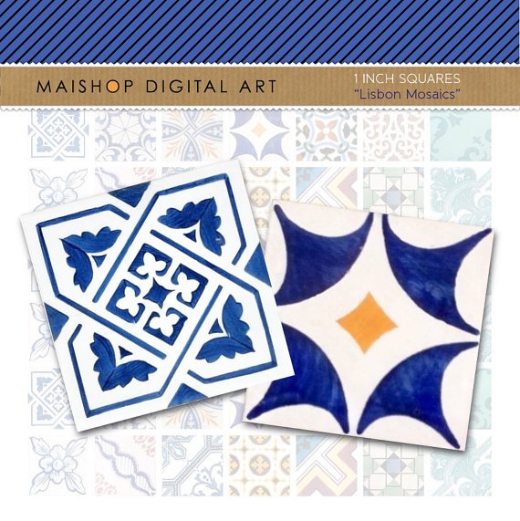 1' Digital Collage Sheet Squares Lisbon Mosaic Tiles - Portuguese Azulejos