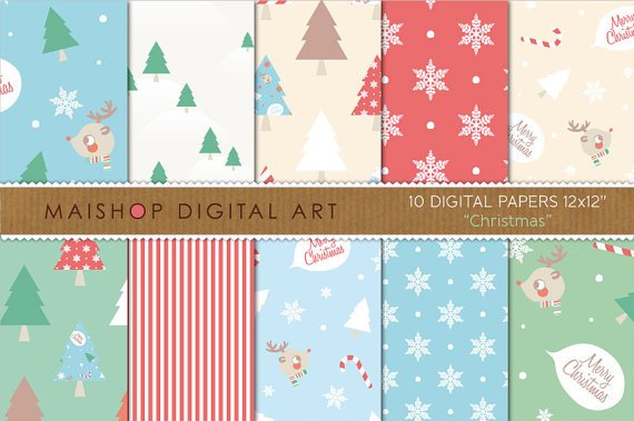 Digital Paper-Christmas-BluGrnRedBeigeWh Tree PatternsStripesSnow FlakesMerry Christmas Backgrounds