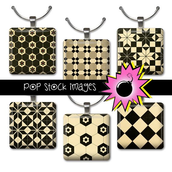 1 Inch Squares BLACK & TAN Geometric Design Collage Sheet-print for PendantsMagnets Wine Charms