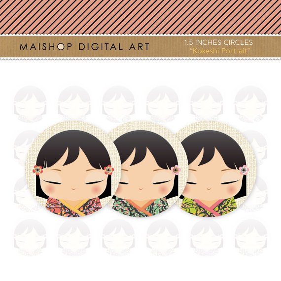 1.5' Digital Collage Sheet Circles - Japanese Kokeshi Dolls Portrait